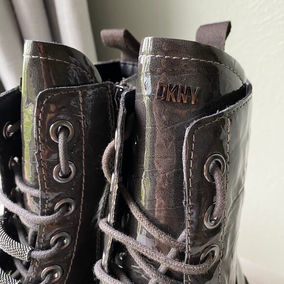 DKNY Malaya Patent Leather Combat Boots Metal Mesh Lace Covers Dark Gray W9.5 - Picture 9 of 14
